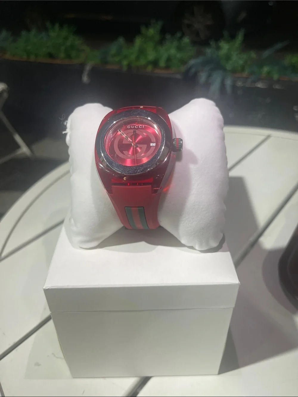 Gucci Red Transparent Silicone Logo Strap Watch with Green-Red Accent